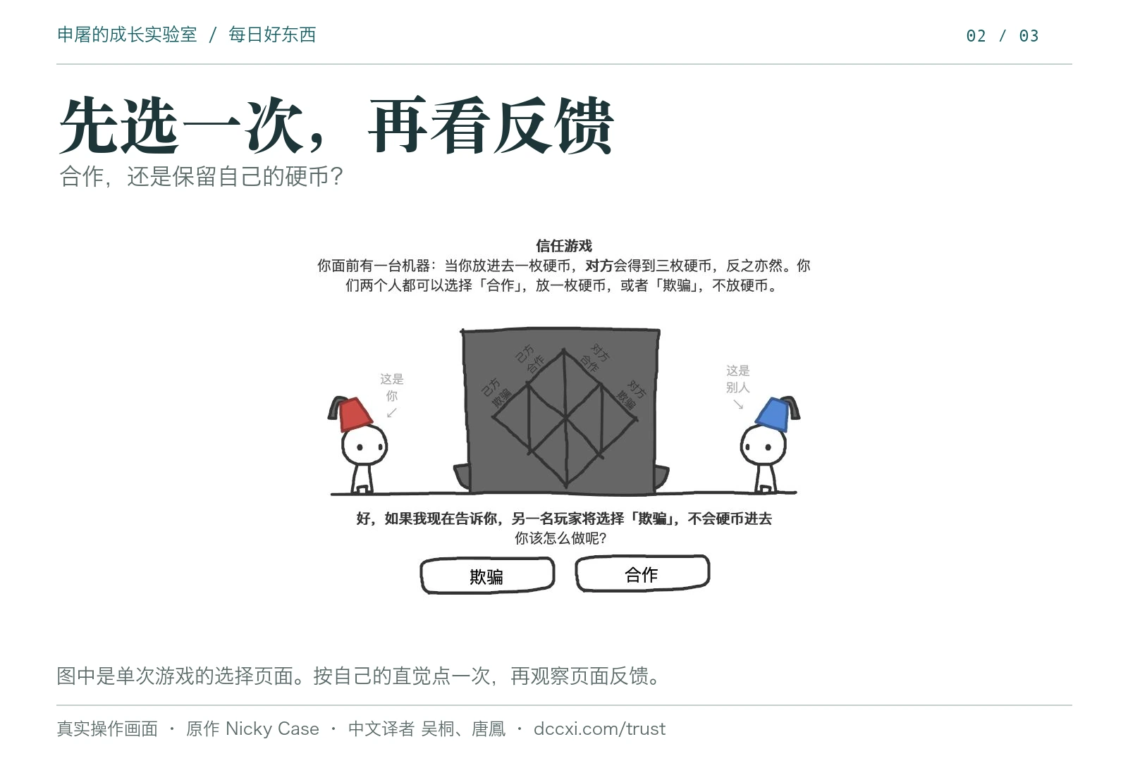 中文单次游戏画面:两名玩家站在机器两侧,下方提供欺骗和合作两个选择